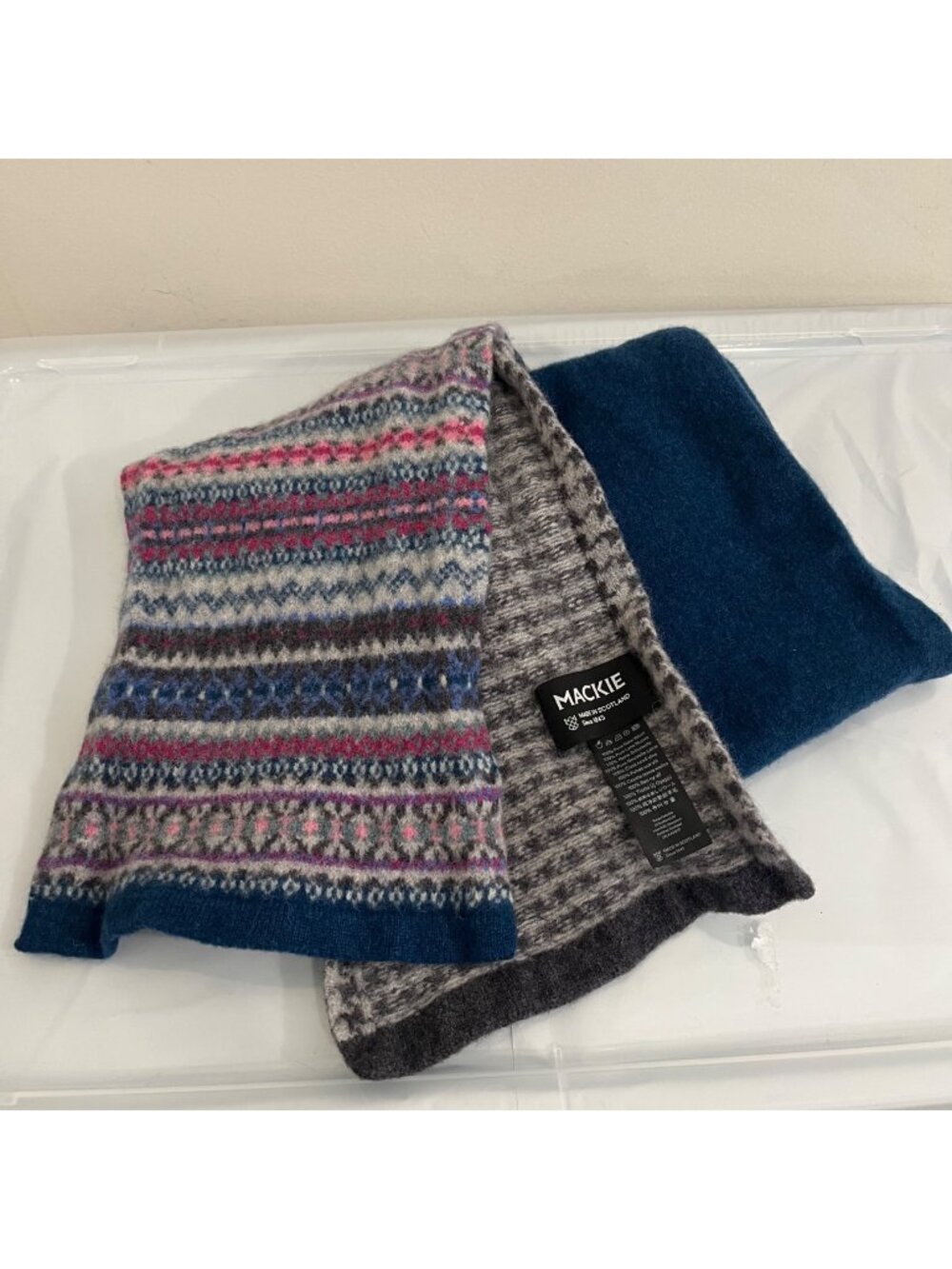 Robert Mackie Scotland 100% Wool Scarf Fair Isle Houndstooth Warm 69"×7.5" Blue
